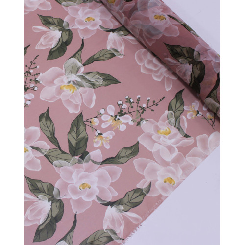 Tecido Crepe Chiffon Italiano Campo de Flores Verde, Branco e Rosé