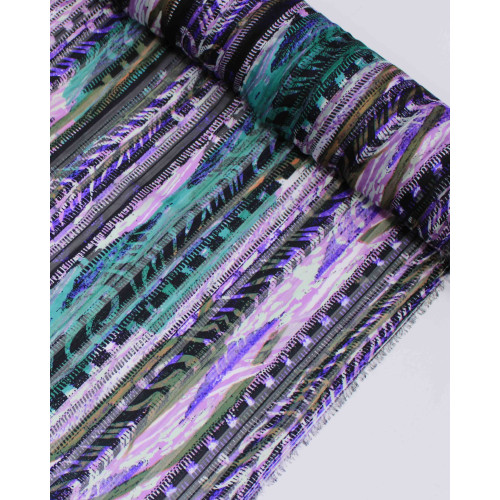 Tecido Crepe Chiffon Brocado Listras Branco, Verde e Tons de Verde