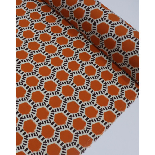Tecido Viscose Colméias Laranja, Offwhite e Marrom