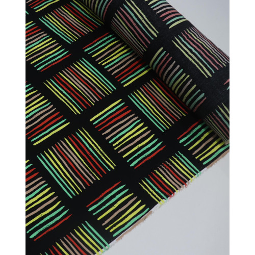 Tecido Viscose Riscos Geométricos Colorido e Preto