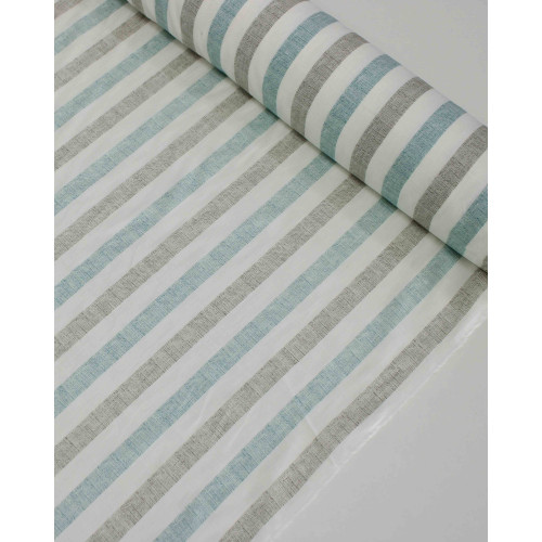 Tecido Tricoline Verano Flamê Listras Cinza, Ciano e Branco