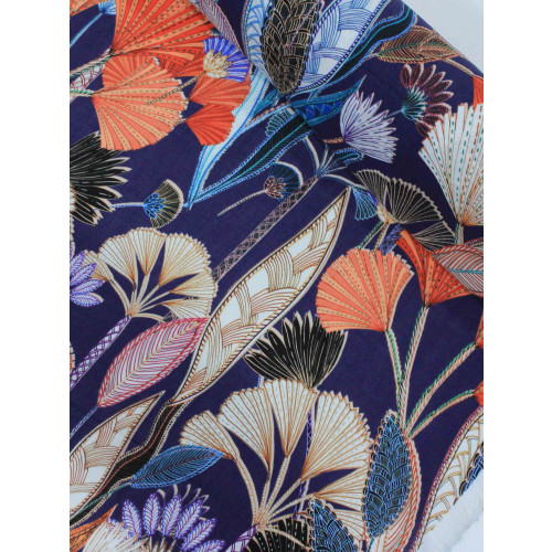 Tecido Linho Misto Italiano Flores Coloridas e Azul Marinho