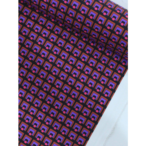 Tecido Tricoline Micro Simbolo Preto Rosa e Roxo