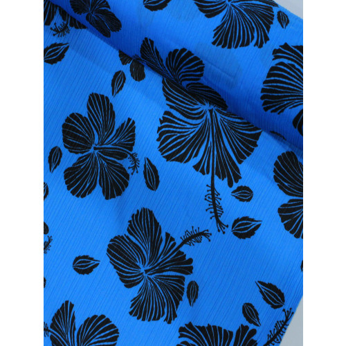 Tecido Crepe Chiffon Italiano Texturizado Flores Azul e Preto