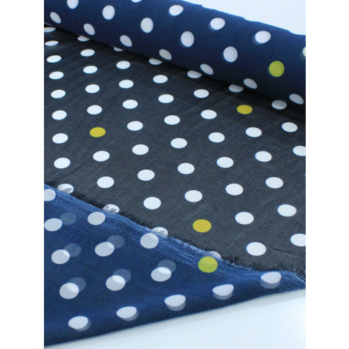 Tecido Crepe Chiffon Italiano Poá Azul Marinho e Amarelo