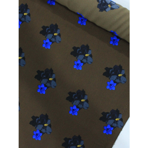Tecido Crepe Italiano Flores Azul e Marrom