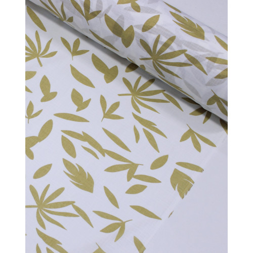 Tecido Tricoline Verano Flamê Folhagens Palha e Branco