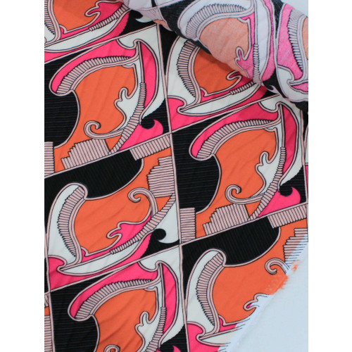 Tecido Viscose Italiano Desenhos Abstratos Laranja e Rosa