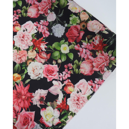 Tecido Crepe Silk Flores Diversas Colorido e Preto