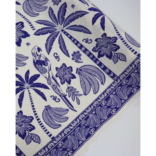 Tecido Viscose Barrado Duplo Brasilidade Tropical Azul e Offwhite