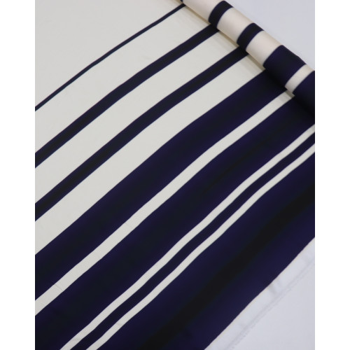 Tecido Crepe Silk Italiano Barrado em Listras Preto, Azul Marinho e Creme