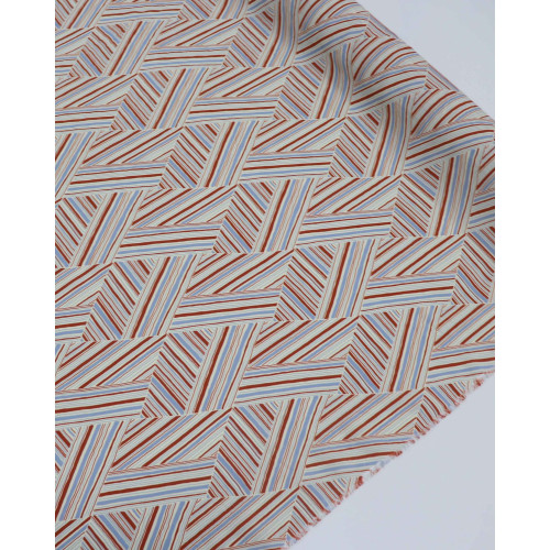Tecido Crepe de Viscose Italiano Listras Geométricas Azul, Vermelho e Creme