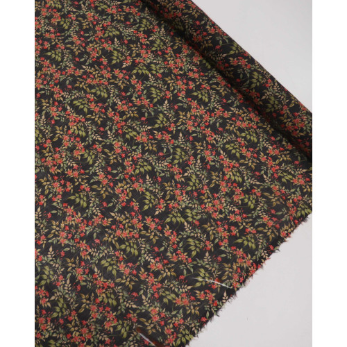 Tecido Cambraia de Linho Italiano Ramos Florais Vermelho, Verde e Preto