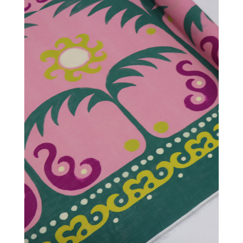 Tecido Linho Puro Italiano Barrado Duplo Estampa Tropical Verde e Rosa