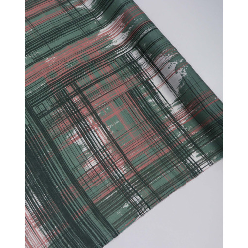 Tecido Linho Puro Italiano Listras Abstratas Branco, Coral e Tons de Verde