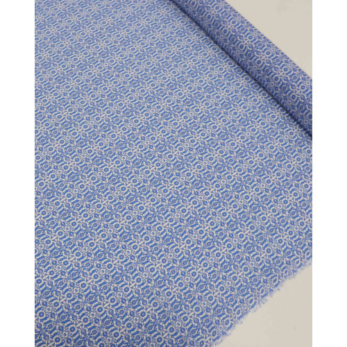 Tecido Viscose Fina Italiano Micro Arabesco Floral Azul e Branco