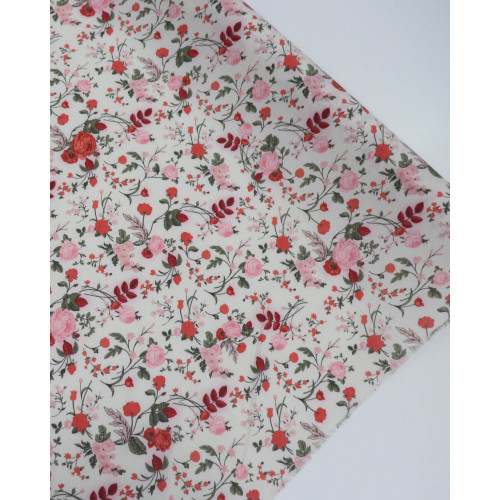 Tecido Crepe Salinas Italiano Campo de Rosas Vermelho e Creme