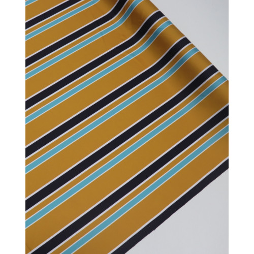 Tecido Crepe de Viscose Italiano Multi Listrado Branco, Azul, Preto e Caramelo