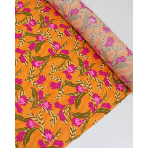 Tecido Viscose Folhas e Flores Rosa e Laranja