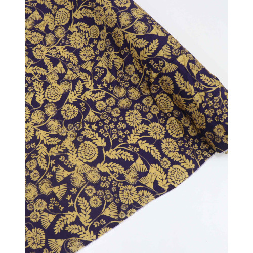 Tecido Viscose Texturizada Flores e Galhos Amarelo e Azul Marinho