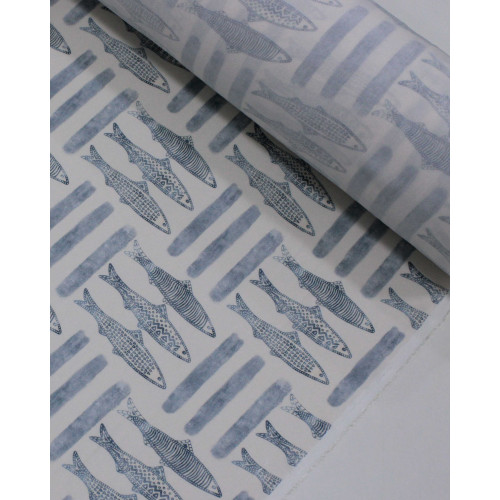 Tecido Viscose Premium Sardine Estampada Azul Ardósia e Creme