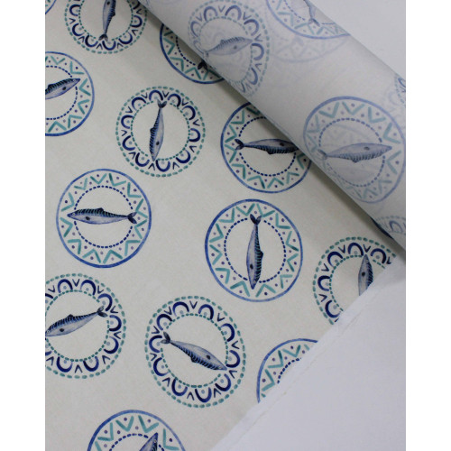 Tecido Viscose Premium Sardine em Círculos Azul, Verde e Lichia