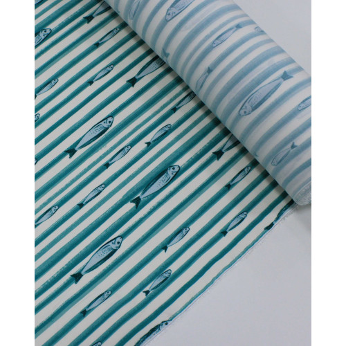 Tecido Viscose Premium Sardine em Listras Verde Teal e Branco