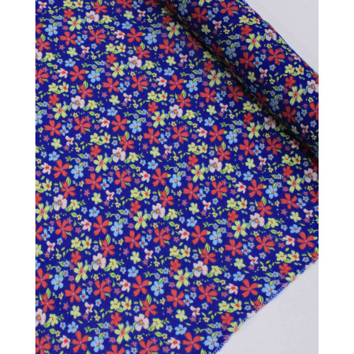 Tecido Crepe de Viscose Italiano Campo Floral Colorido e Azul Marinho