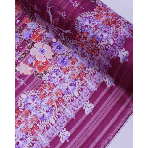 Tecido Crepe Chiffon Brocado Barrado Floral e Arabescos Colorido e Roxo