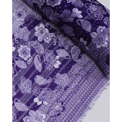 Tecido Crepe Chiffon Brocado Barrado Duplo Floral e Geométrico Branco e Roxo