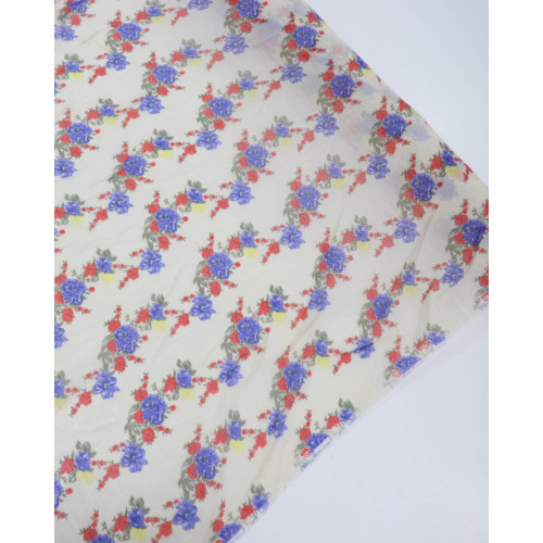 Tecido Cambraia Mista Flores Azul e Vermelha