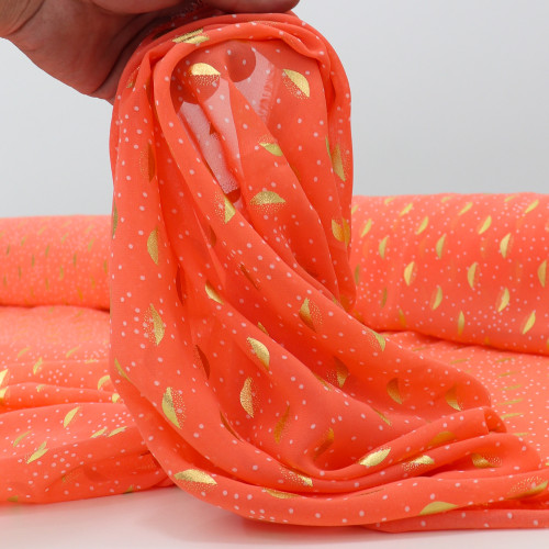 Tecido Crepe Chiffon Toque de Seda com Foil Coral