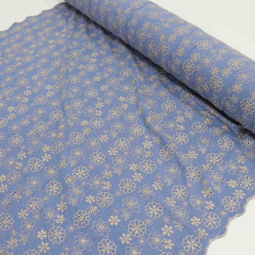 Tecido Denim Bordado Floral Azul Claro