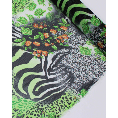 Tecido Crepe Chiffon Italiano Multi Estampa Preto e Tons de Verde