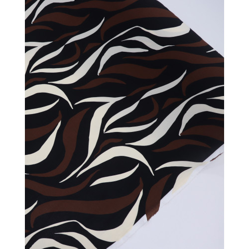 Tecido Crepe Koshibo Ondas Abstratas Creme, Marrom e Preto
