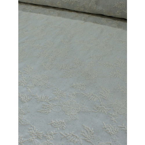Tecido Linho Misto Bordado Floral Bege
