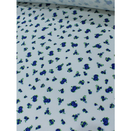 Tecido Sarja Mista com Elastano Micro Rosas Azul e Branco