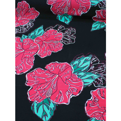 Tecido Viscose Macro Flores Pink e Preto