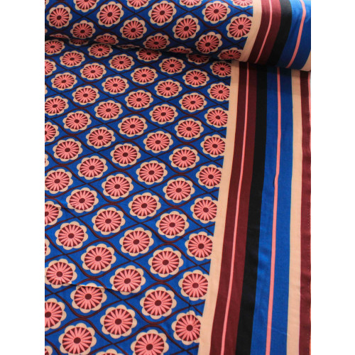 Tecido Viscose Floral Geométrico e Barrado Listrado Bordô e Azul