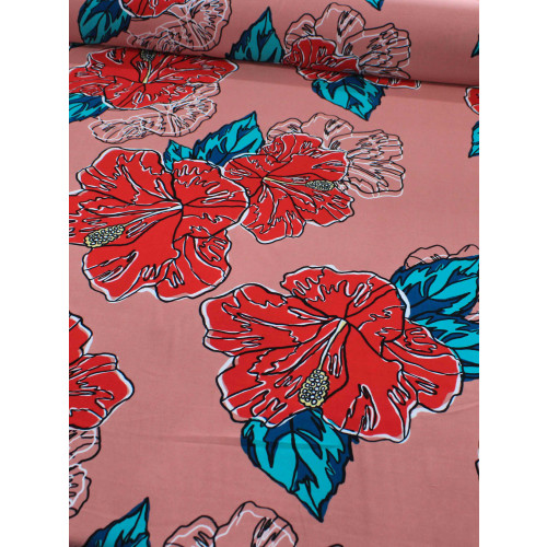 Tecido Viscose Macro Flores Vermelho e Goiaba