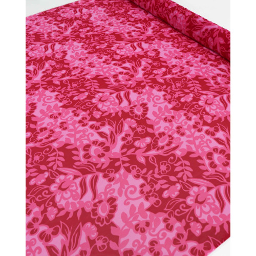 Tecido Crepe Chiffon Flores e Ramos Rosa e Marsala