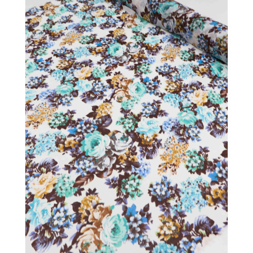 Tecido Crepe Chiffon Tapete Floral Tons de Azul e Offwhite