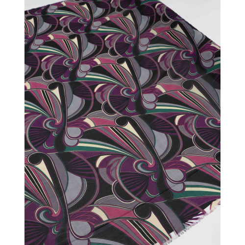 Tecido Crepe Chiffon Abstrato Preto, Verde e Roxo