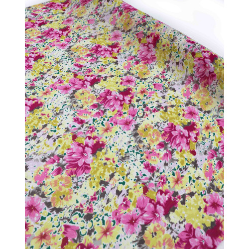 Tecido Crepe Chiffon Tapete Floral Amarelo e Rosa