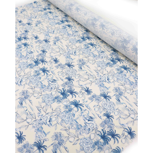 Tecido Viscose  Premium Toile de Jouy Limões Azul e Offwhite