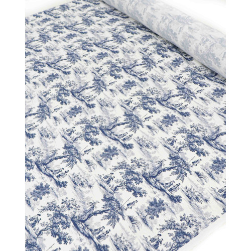 Tecido Viscose Premium Toile de Jouy Azul e Offwhite