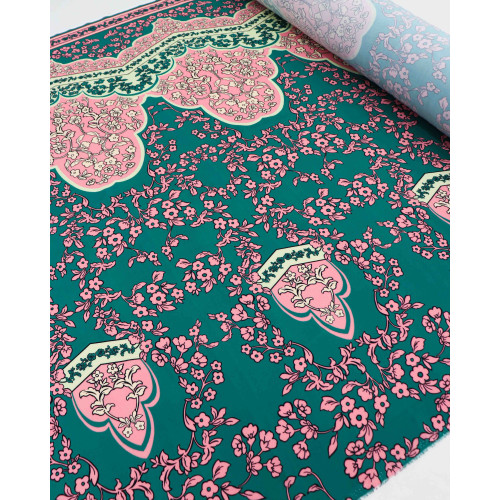 Tecido Viscose Premium Barrado Floral Rosa e Verde Tiffany