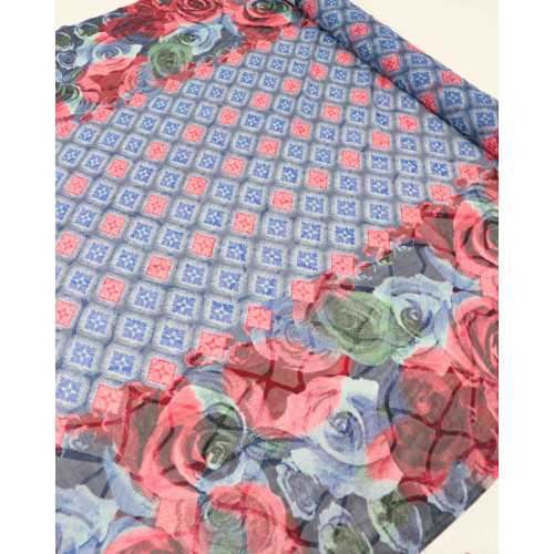 Tecido Crepe Chiffon Brocado Barrado Floral e Losangos Azul e Vermelho