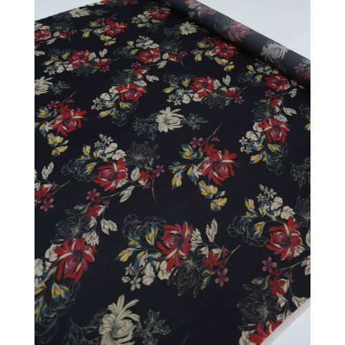 Tecido Crepe Chiffon Italiano Buquê de Flores Silvestres Vermelho e Preto