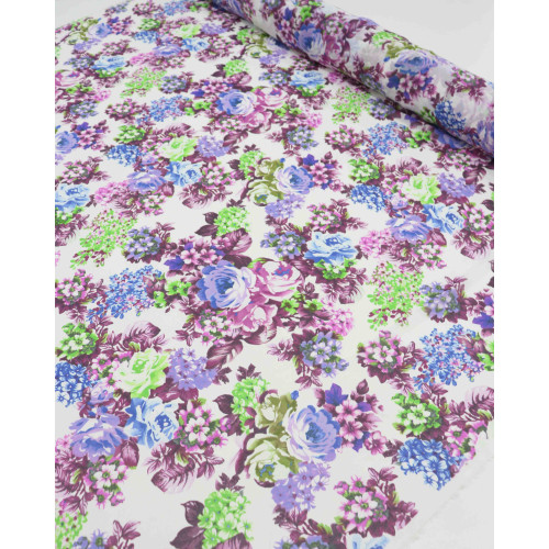 Tecido Crepe Chiffon Tapete Floral Tons de Roxo e Offwhite